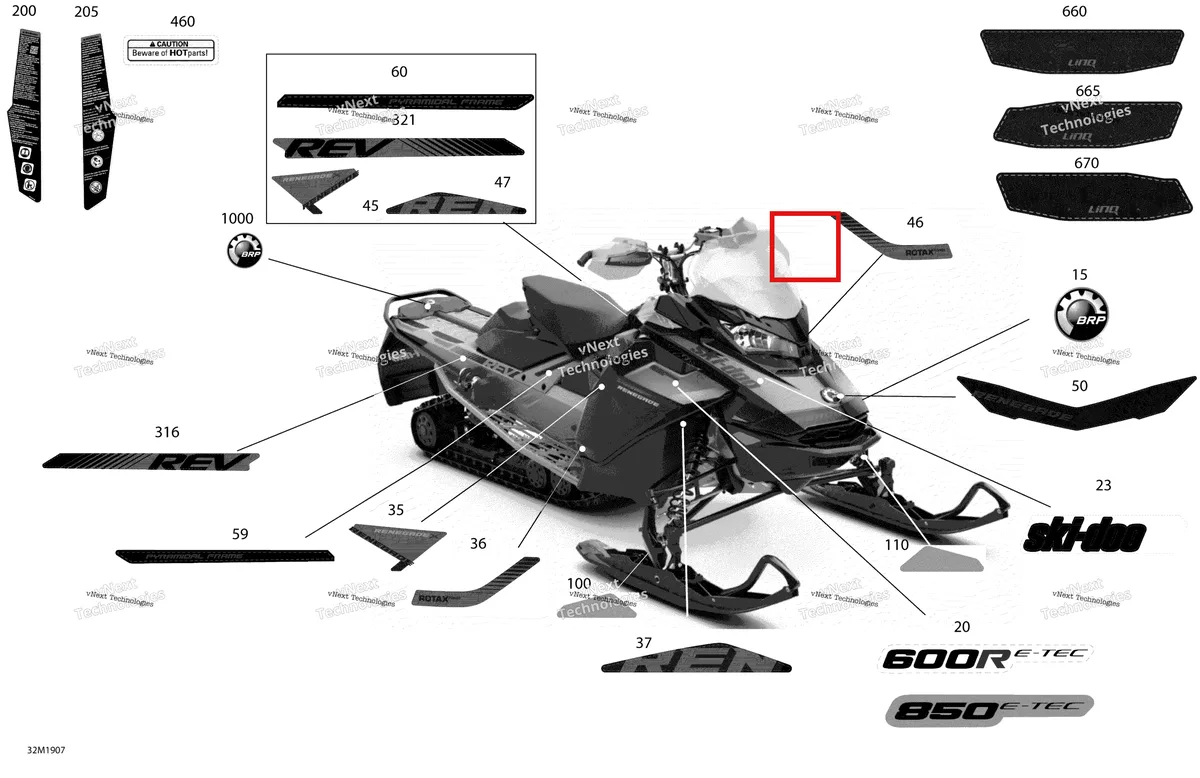 Деталь 516008871 на схеме узла 2019 Ski-Doo RENEGADE 600R E-TEC - ADRENALINE X Decals - 600R E-Tec - Package X