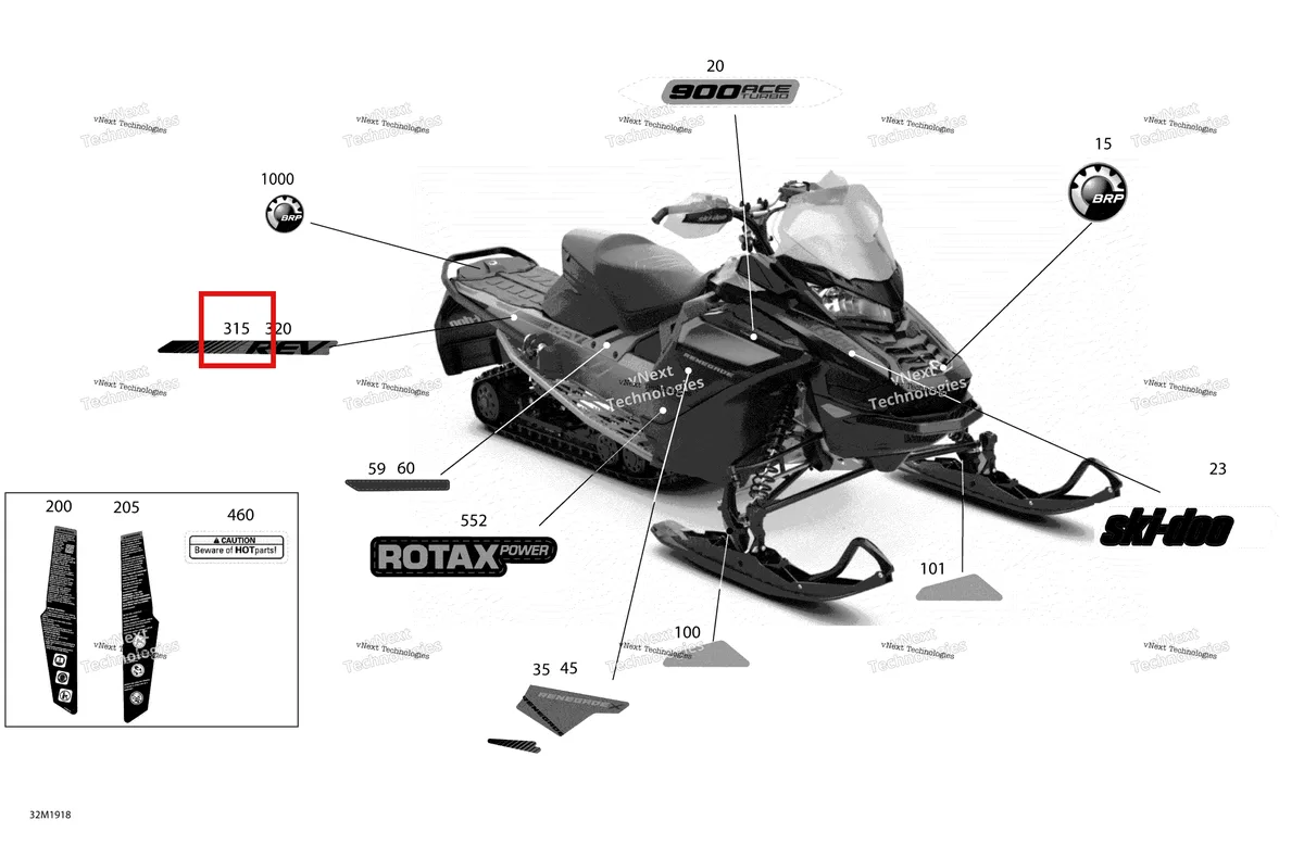 Деталь 516008872 на схеме узла 2019 Ski-Doo RENEGADE 900 ACE TURBO Decals - 900 Ace Turbo - Package X