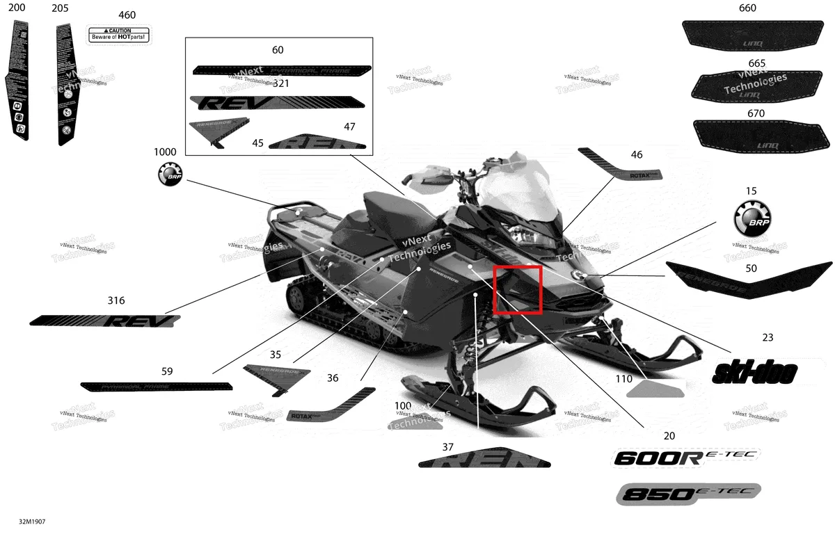 Деталь 516008875 на схеме узла 2019 Ski-Doo RENEGADE 600R E-TEC - ADRENALINE X Decals - 600R E-Tec - Package X