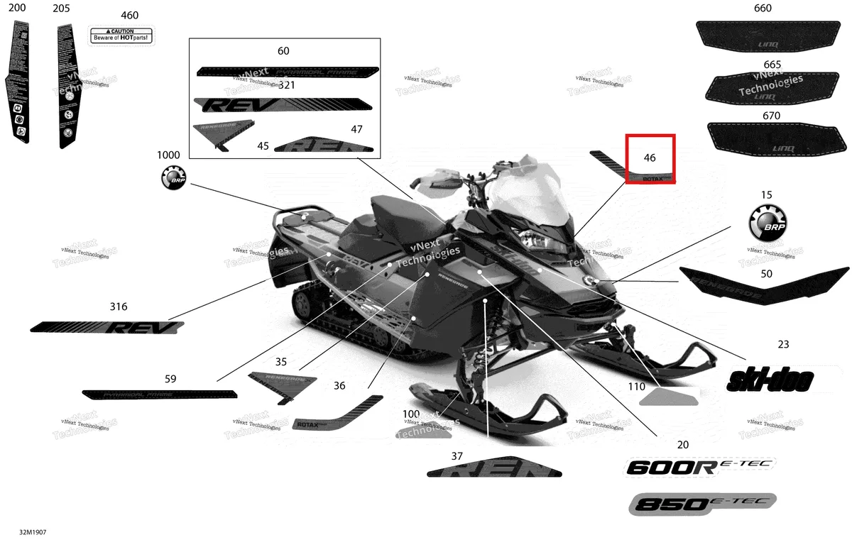 Деталь 516008877 на схеме узла 2019 Ski-Doo RENEGADE 850 E-TEC - Adrenaline X XRS Decals - Package X