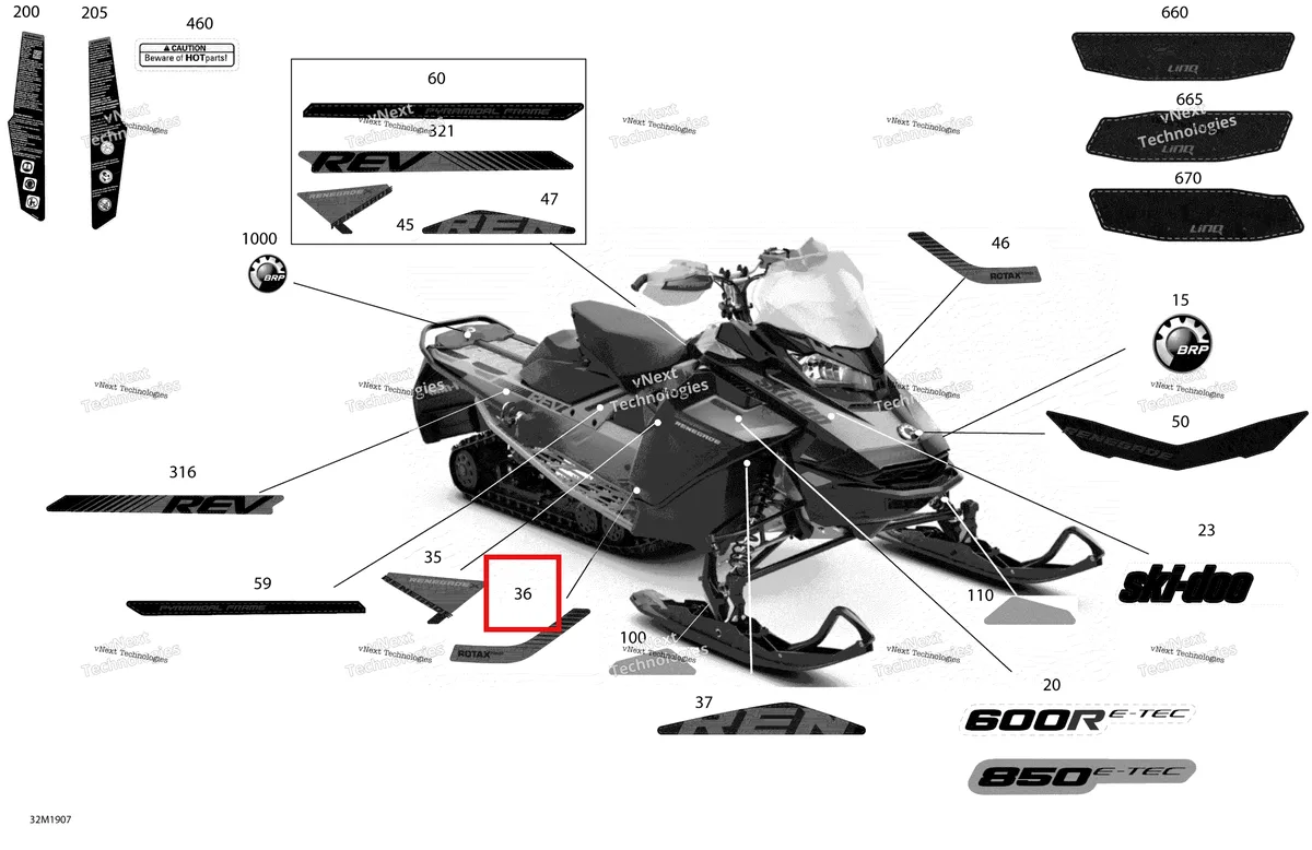 Деталь 516008878 на схеме узла 2019 Ski-Doo RENEGADE 850 E-TEC - Adrenaline X XRS Decals - Package X