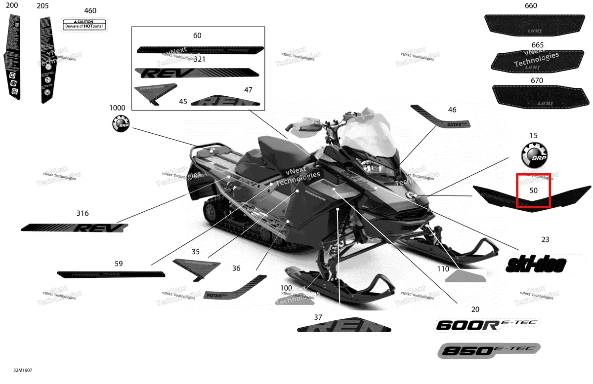 Деталь 516008886 на схеме узла 2019 Ski-Doo RENEGADE 850 E-TEC - Adrenaline X XRS Decals - Package X