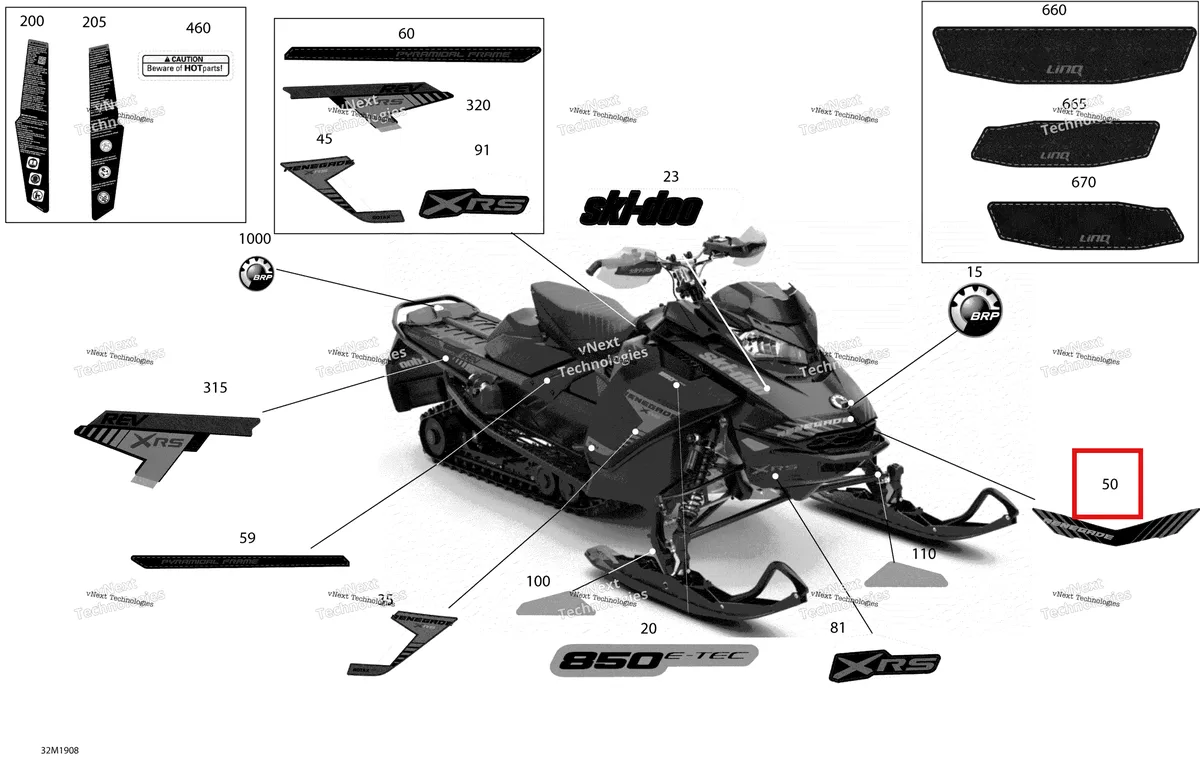 Деталь 516008893 на схеме узла 2019 Ski-Doo RENEGADE 850 E-TEC - Adrenaline X XRS Decals - Package Xrs