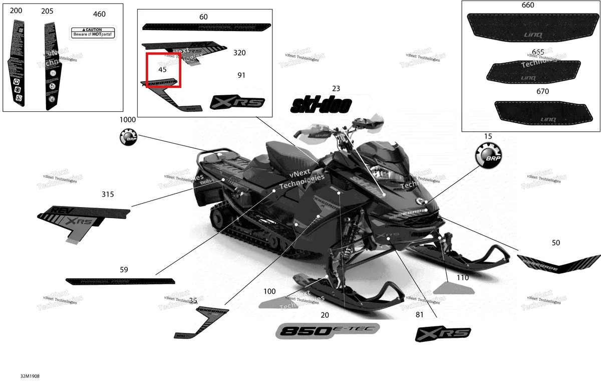 Деталь 516008898 на схеме узла 2019 Ski-Doo RENEGADE 850 E-TEC - Adrenaline X XRS Decals - Package Xrs