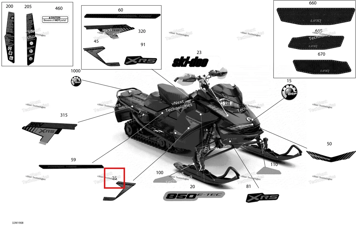 Деталь 516008899 на схеме узла 2019 Ski-Doo RENEGADE 850 E-TEC - Adrenaline X XRS Decals - Package Xrs