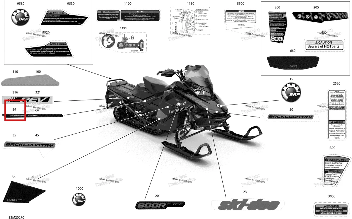 Деталь 516008930 на схеме узла 2020 Ski-Doo BACKCOUNTRY 600R E-TEC Body - Decals - Std