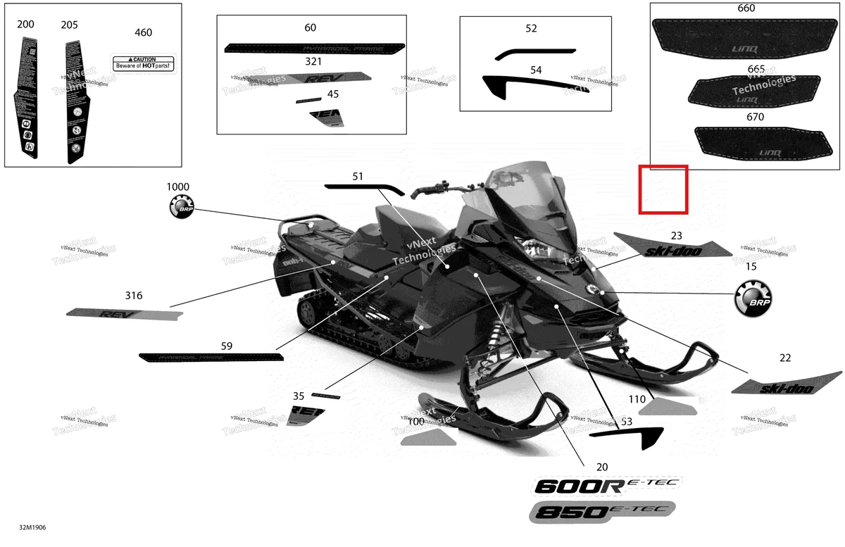 Деталь 516008957 на схеме узла 2019 Ski-Doo RENEGADE 600R E-TEC - ADRENALINE X Decals - 600R E-Tec - Package Adrenaline