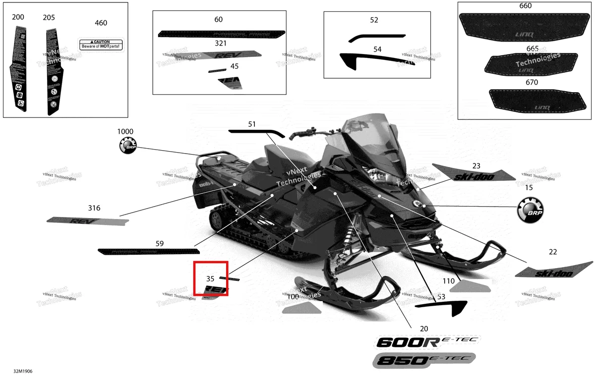 Деталь 516008958 на схеме узла 2019 Ski-Doo RENEGADE 850 E-TEC - Adrenaline X XRS Decals - Package Adrenaline
