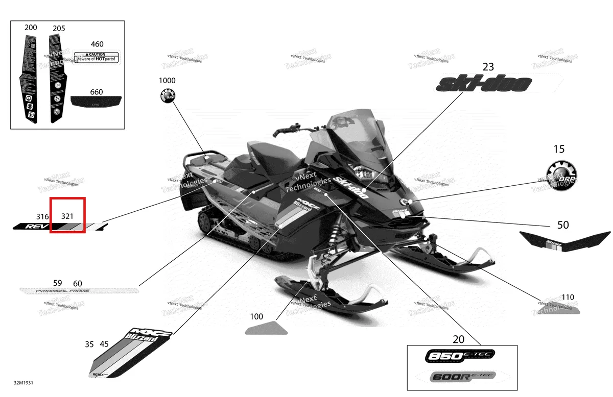 Деталь 516009034 на схеме узла 2019 Ski-Doo MXZ 850 E-TEC Decals - Blizzard