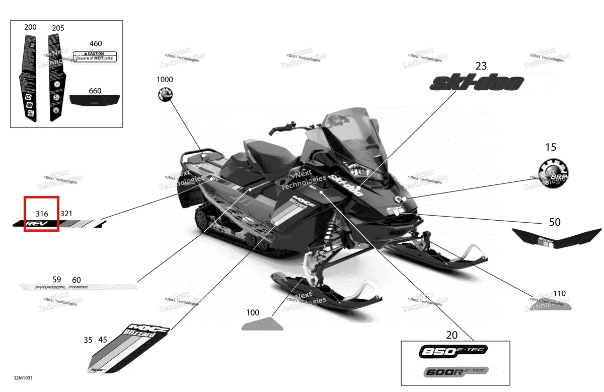 Деталь 516009035 на схеме узла 2019 Ski-Doo MXZ 850 E-TEC Decals - Blizzard