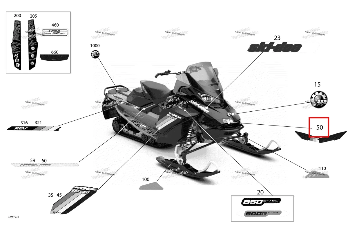 Деталь 516009038 на схеме узла 2019 Ski-Doo MXZ 850 E-TEC Decals - Blizzard