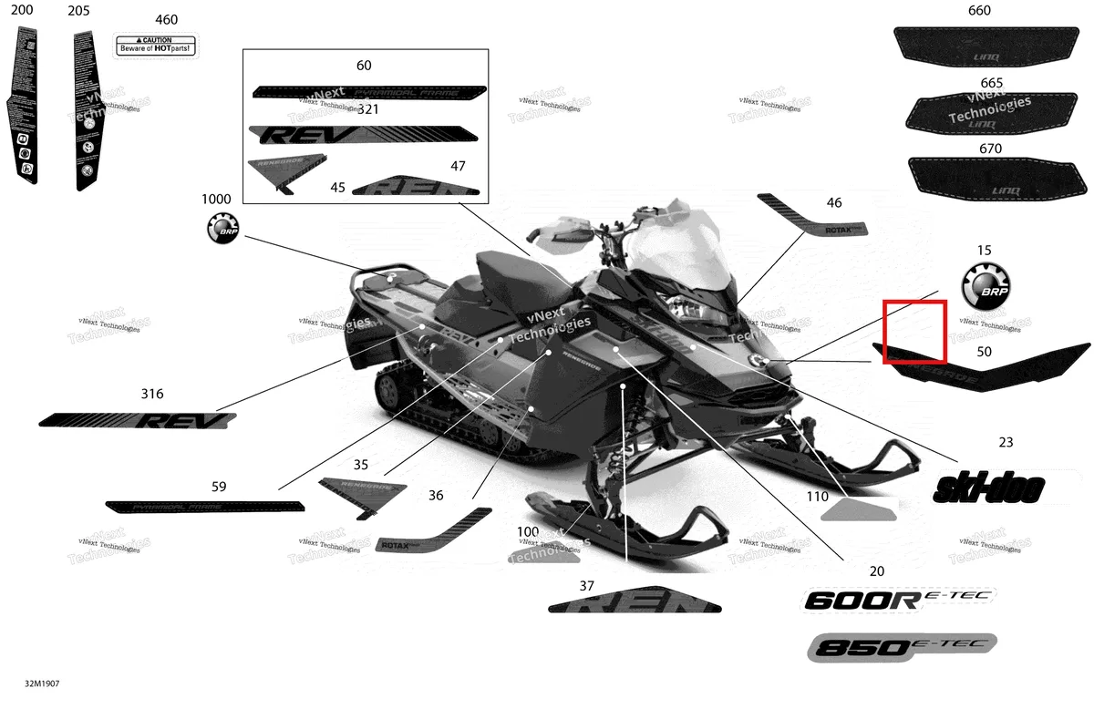 Деталь 516009088 на схеме узла 2019 Ski-Doo RENEGADE 600R E-TEC - ADRENALINE X Decals - 600R E-Tec - Package X