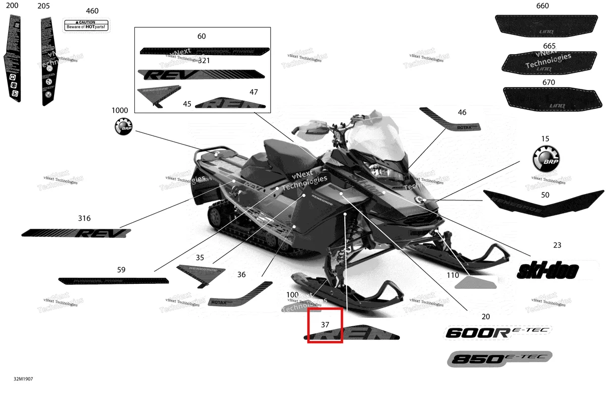 Деталь 516009093 на схеме узла 2019 Ski-Doo RENEGADE 850 E-TEC - Adrenaline X XRS Decals - Package X