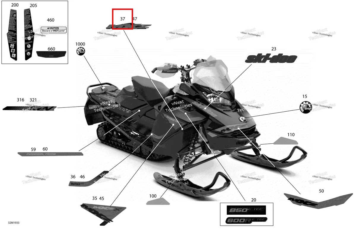 Деталь 516009095 на схеме узла 2019 Ski-Doo MXZ 850 E-TEC Decals - X