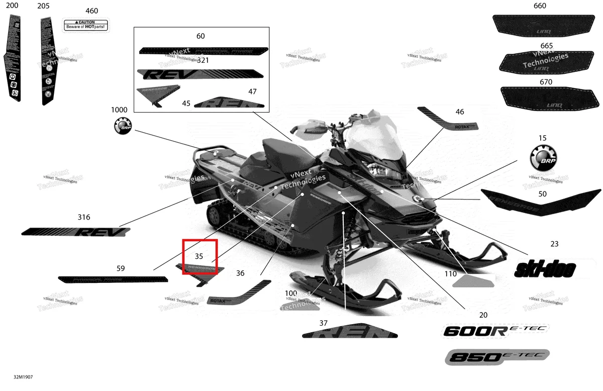 Деталь 516009097 на схеме узла 2019 Ski-Doo RENEGADE 850 E-TEC - Adrenaline X XRS Decals - Package X