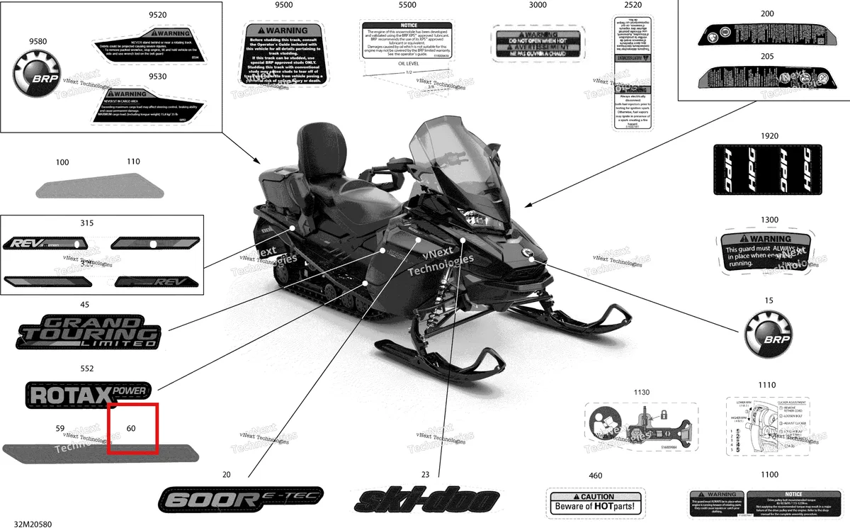 Деталь 516009129 на схеме узла 2020 Ski-Doo GRAND TOURING 600R E-TEC Body - Decals - Ltd