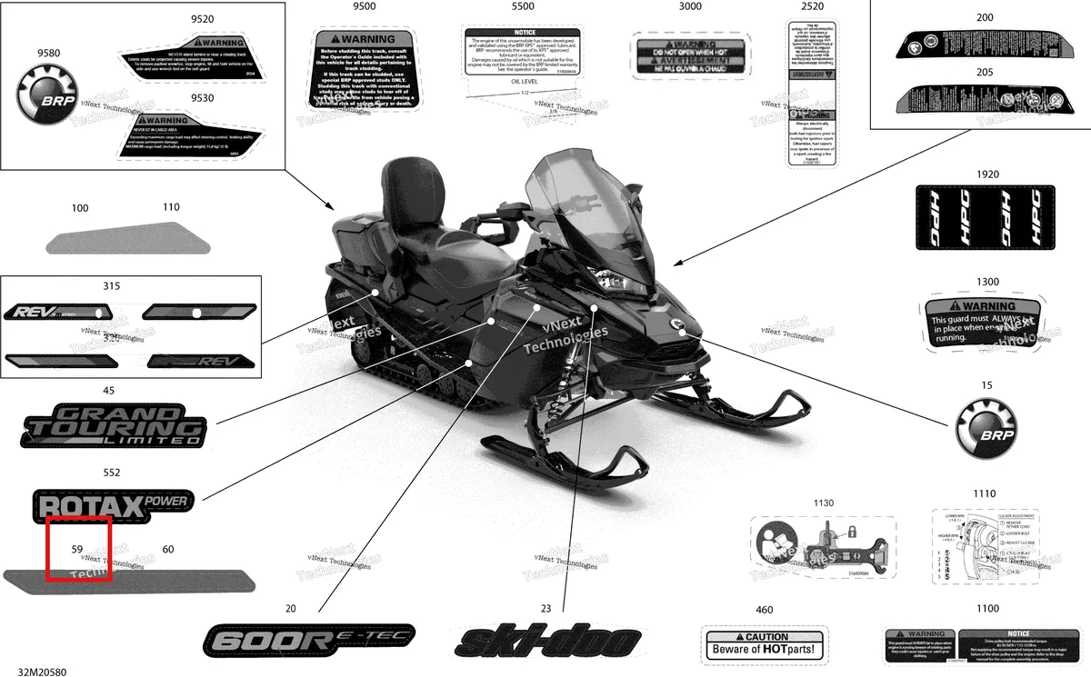 Деталь 516009130 на схеме узла 2020 Ski-Doo GRAND TOURING 600R E-TEC Body - Decals - Ltd
