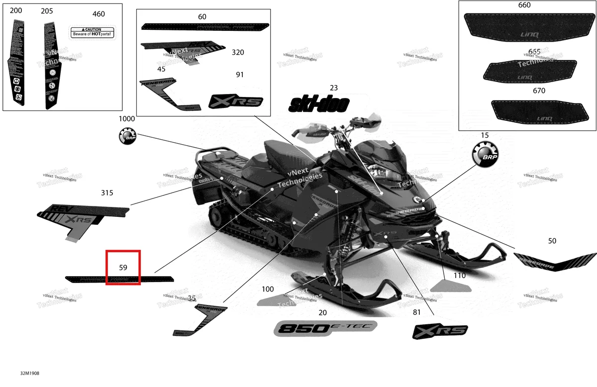 Деталь 516009132 на схеме узла 2019 Ski-Doo RENEGADE 850 E-TEC - Adrenaline X XRS Decals - Package Xrs