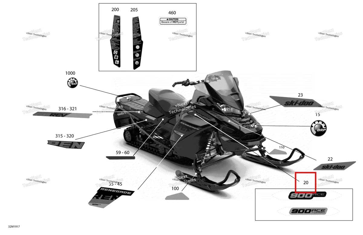 Деталь 516009152 на схеме узла 2019 Ski-Doo RENEGADE 900 ACE TURBO Decals - 900 Ace Turbo - Package Adrenaline