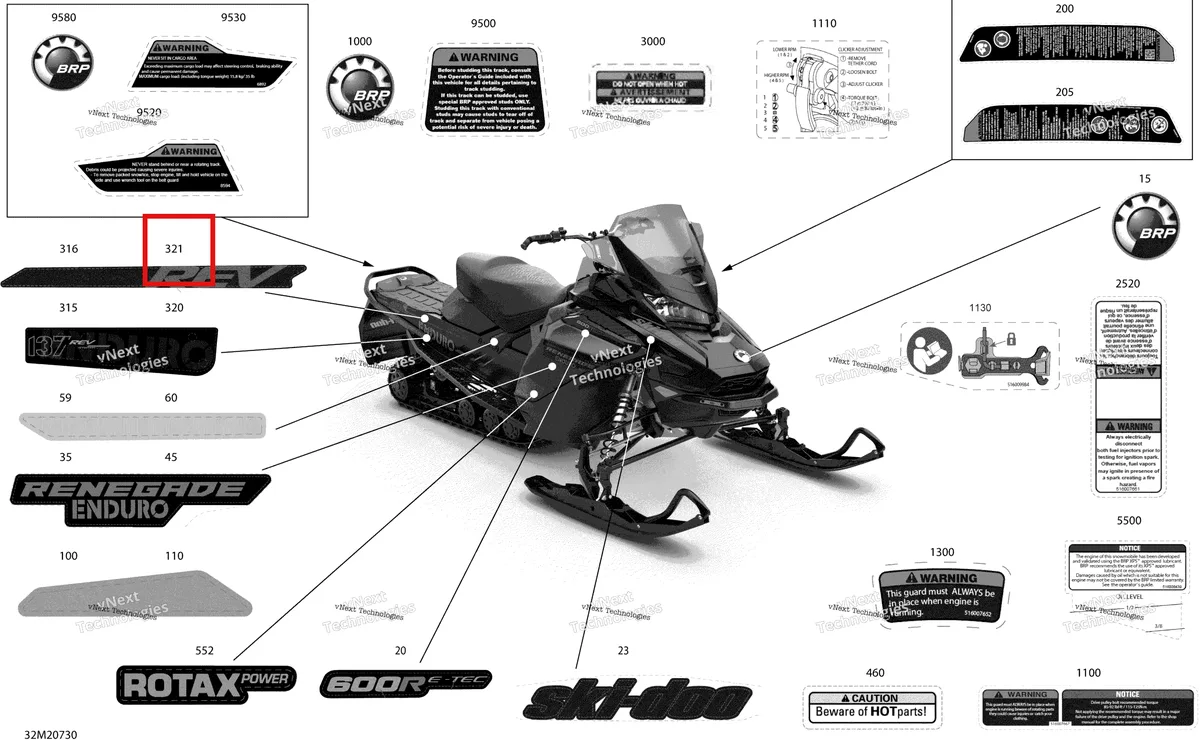 Деталь 516009196 на схеме узла 2020 Ski-Doo RENEGADE 600R E-TEC - Enduro Body - Decals - Enduro