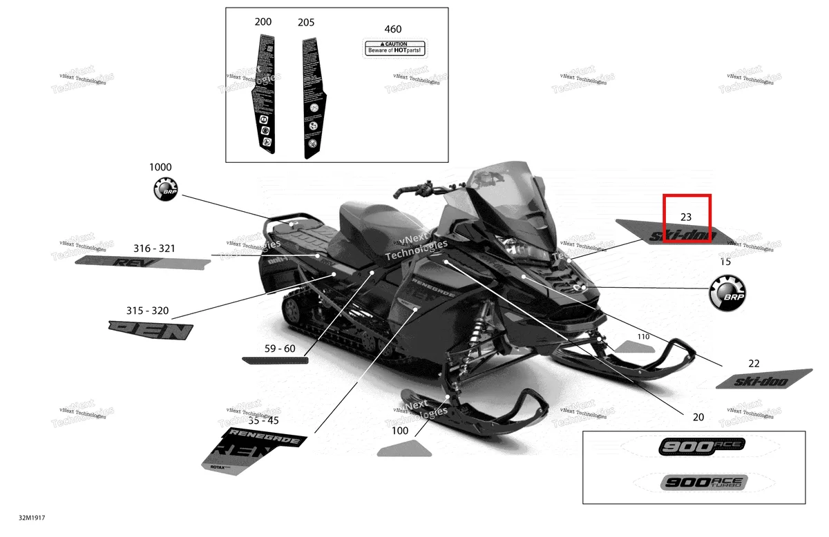 Деталь 516009198 на схеме узла 2019 Ski-Doo RENEGADE 900 ACE TURBO Decals - 900 Ace Turbo - Package Adrenaline