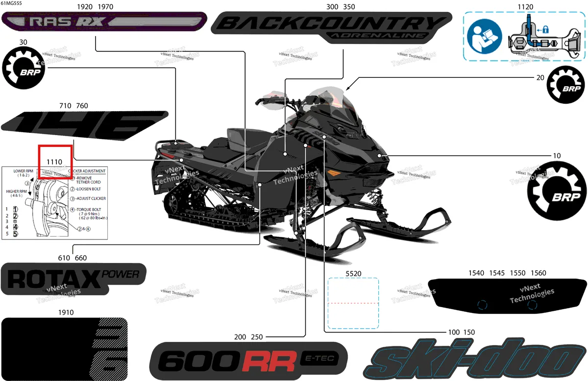 Деталь 516009265 на схеме узла 2027 Ski-Doo BACKCOUNTRY - Adrenaline - 600RR E -TEC - UJVA - Deep Black - 15X146X1.5S Track Body - Decals