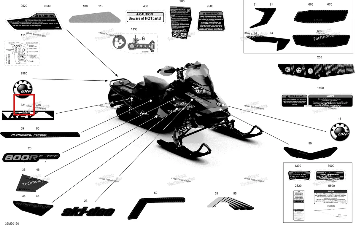 Деталь 516009314 на схеме узла 2020 Ski-Doo RENEGADE 600R E-TEC - Adrenaline X Body - Decals - X