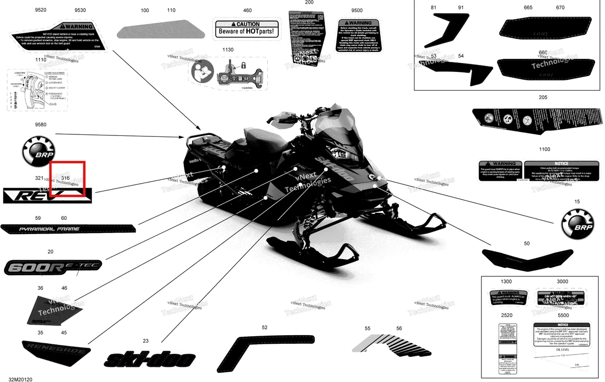 Деталь 516009315 на схеме узла 2020 Ski-Doo RENEGADE 600R E-TEC - Adrenaline X Body - Decals - X