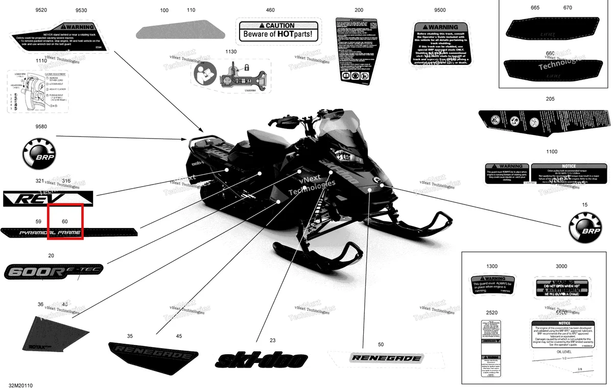 Деталь 516009316 на схеме узла 2020 Ski-Doo RENEGADE 600R E-TEC - Adrenaline X Body - Decals - Adrenaline