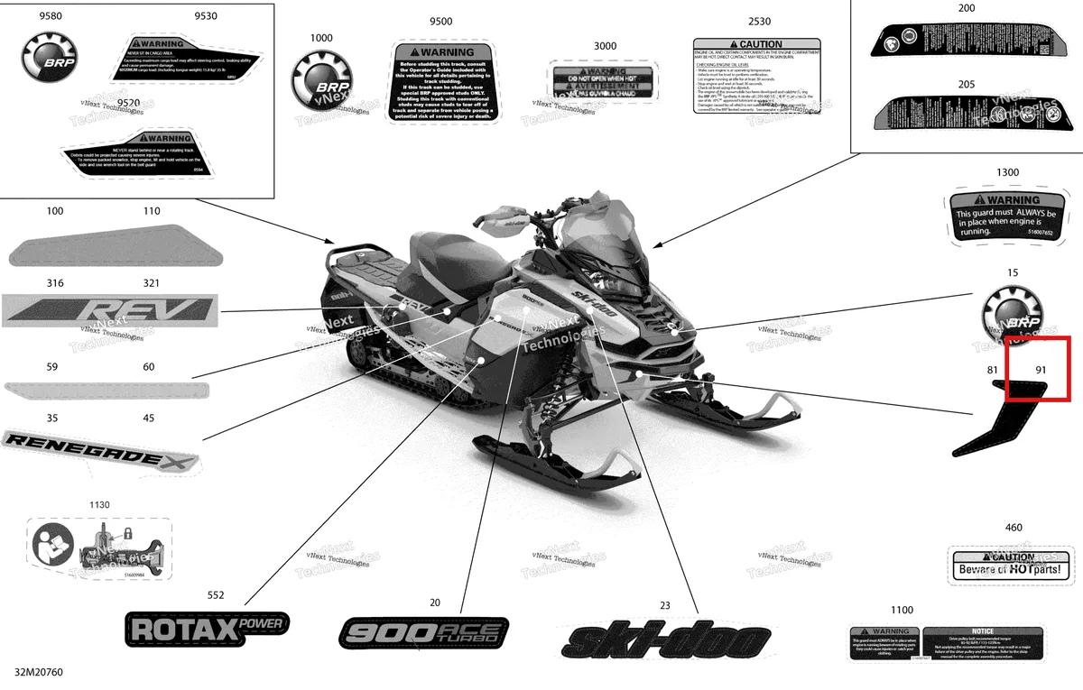 Деталь 516009321 на схеме узла 2020 Ski-Doo RENEGADE 900 ACE Turbo - X Body - Decals - X