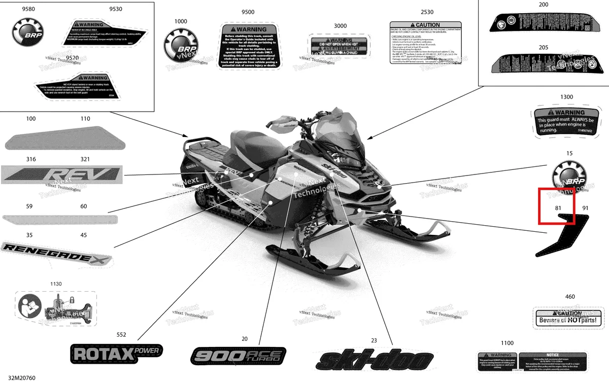 Деталь 516009322 на схеме узла 2020 Ski-Doo RENEGADE 900 ACE Turbo - X Body - Decals - X