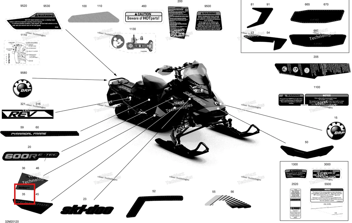 Деталь 516009331 на схеме узла 2020 Ski-Doo RENEGADE 600R E-TEC - Adrenaline X Body - Decals - X