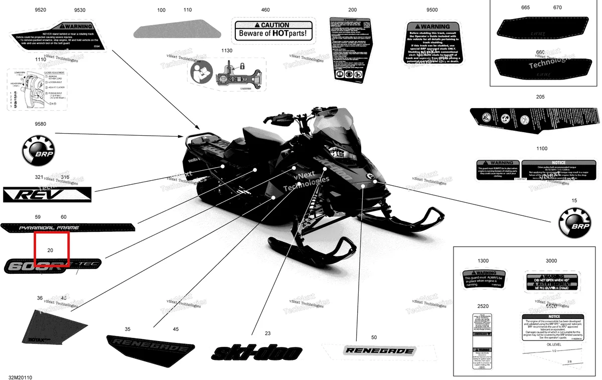 Деталь 516009334 на схеме узла 2020 Ski-Doo RENEGADE 600R E-TEC - Adrenaline X Body - Decals - Adrenaline