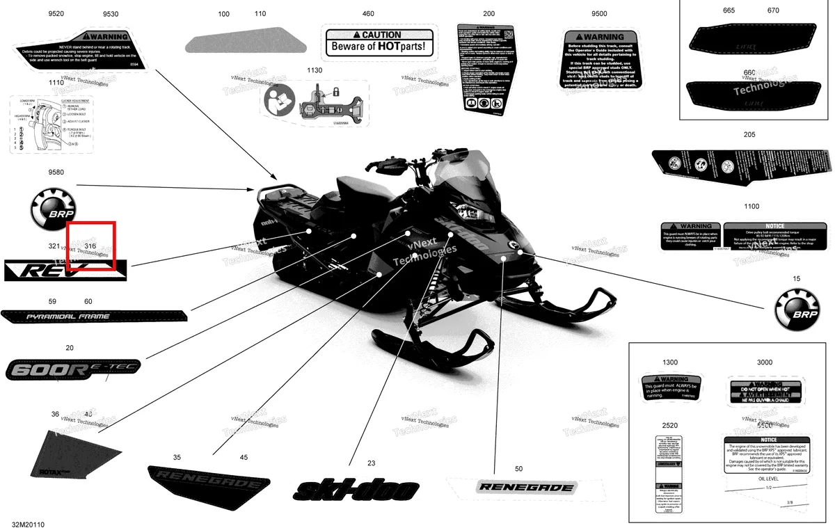 Деталь 516009342 на схеме узла 2020 Ski-Doo RENEGADE 600R E-TEC - Adrenaline X Body - Decals - Adrenaline