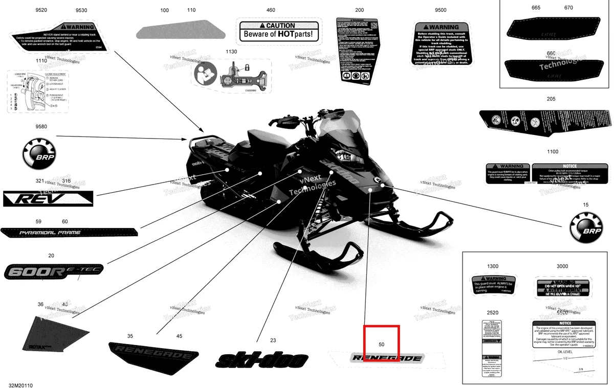 Деталь 516009346 на схеме узла 2020 Ski-Doo RENEGADE 600R E-TEC - Adrenaline X Body - Decals - Adrenaline