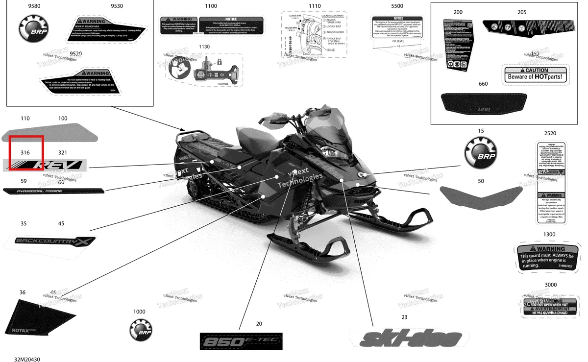 Деталь 516009378 на схеме узла 2020 Ski-Doo BACKCOUNTRY 850 E-TEC - X Body - Decals - X