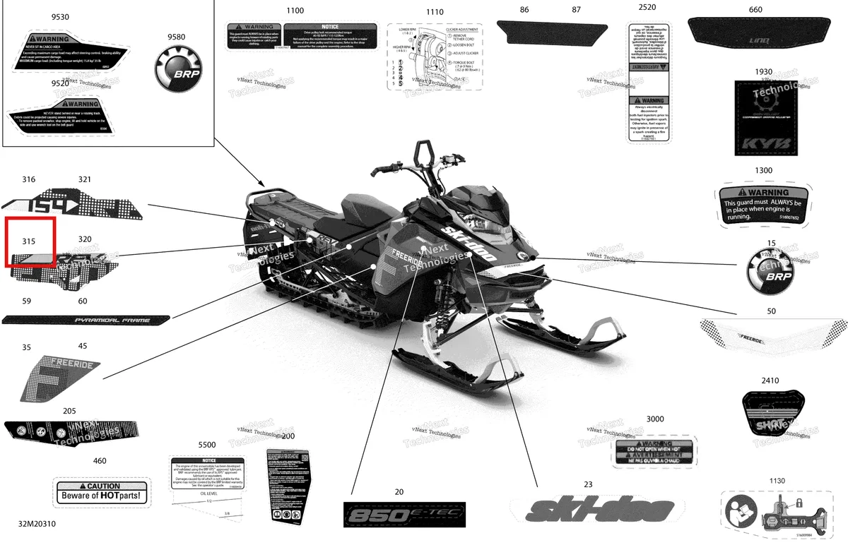 Деталь 516009453 на схеме узла 2020 Ski-Doo FREERIDE 154 850 E-TEC Body - Decals - 154