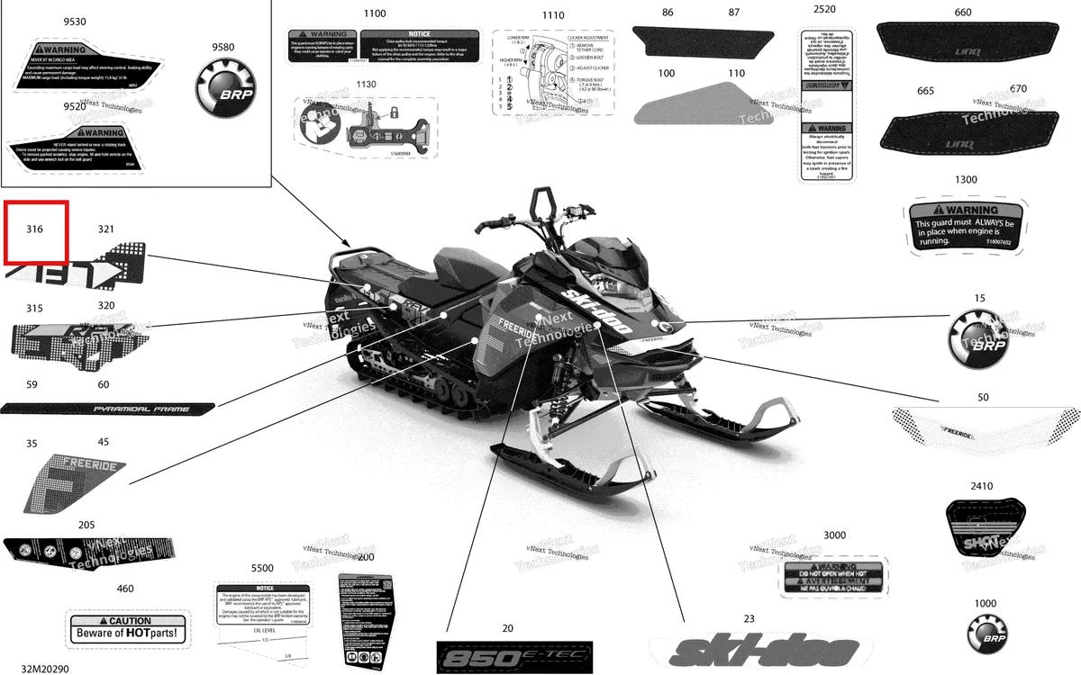 Деталь 516009458 на схеме узла 2020 Ski-Doo FREERIDE 137 850 E-TEC Body - Decals - 137