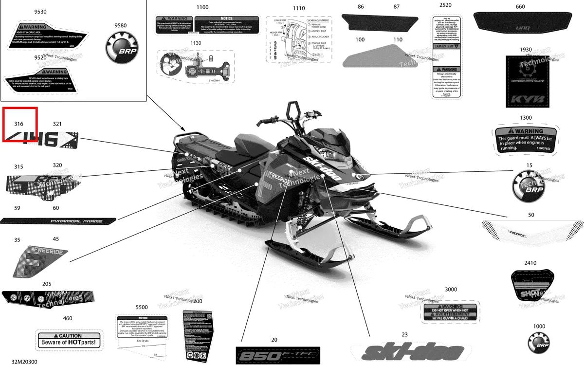 Деталь 516009460 на схеме узла 2020 Ski-Doo FREERIDE 146 850 E-TEC Body - Decals - 146