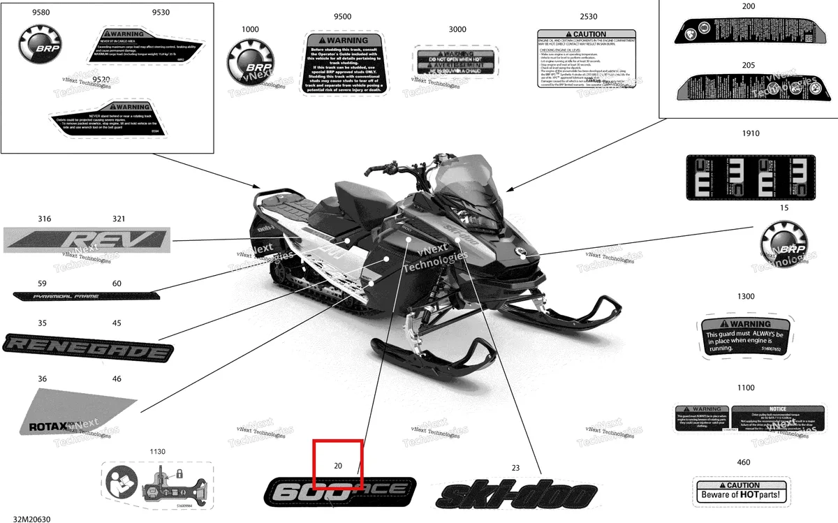 Деталь 516009470 на схеме узла 2020 Ski-Doo RENEGADE 600 ACE Body - Decals - Sport