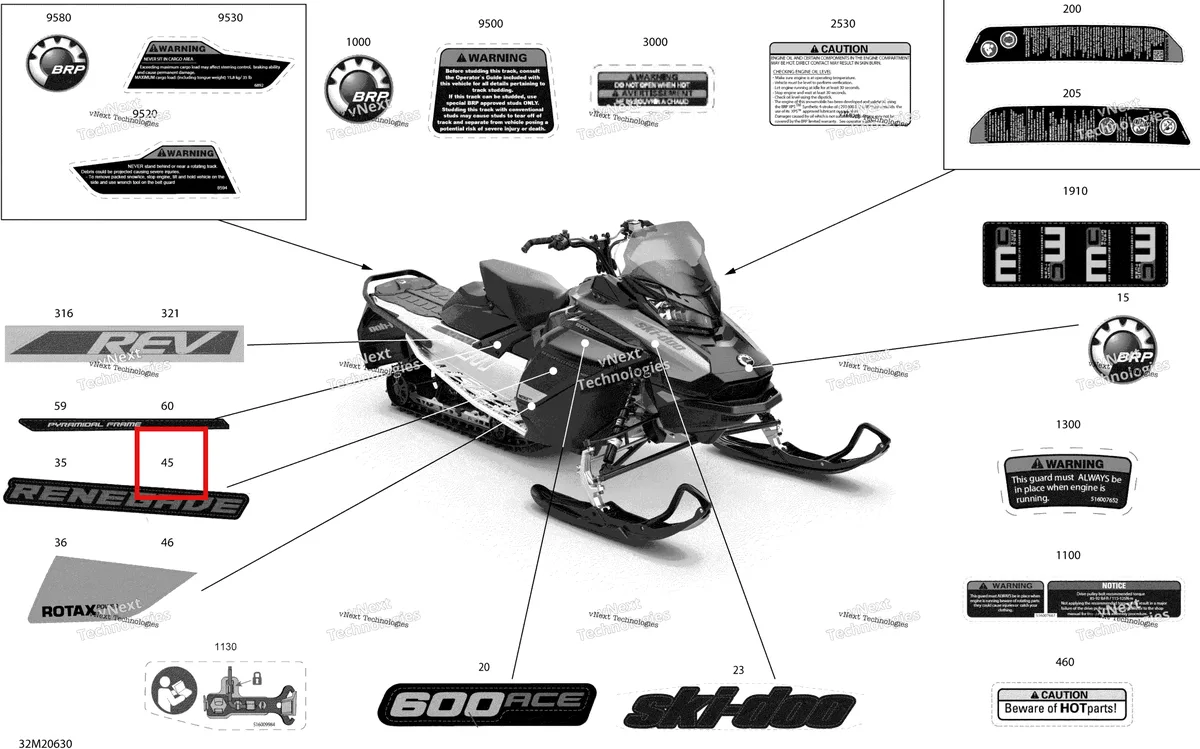 Деталь 516009473 на схеме узла 2020 Ski-Doo RENEGADE 600 ACE Body - Decals - Sport