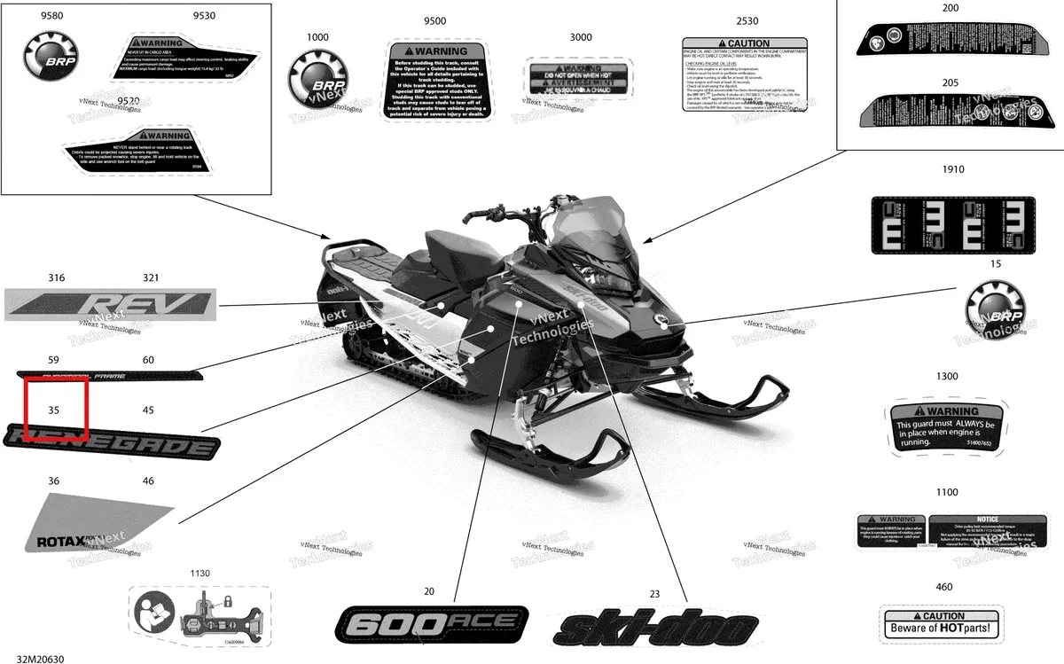 Деталь 516009474 на схеме узла 2020 Ski-Doo RENEGADE 600 ACE Body - Decals - Sport