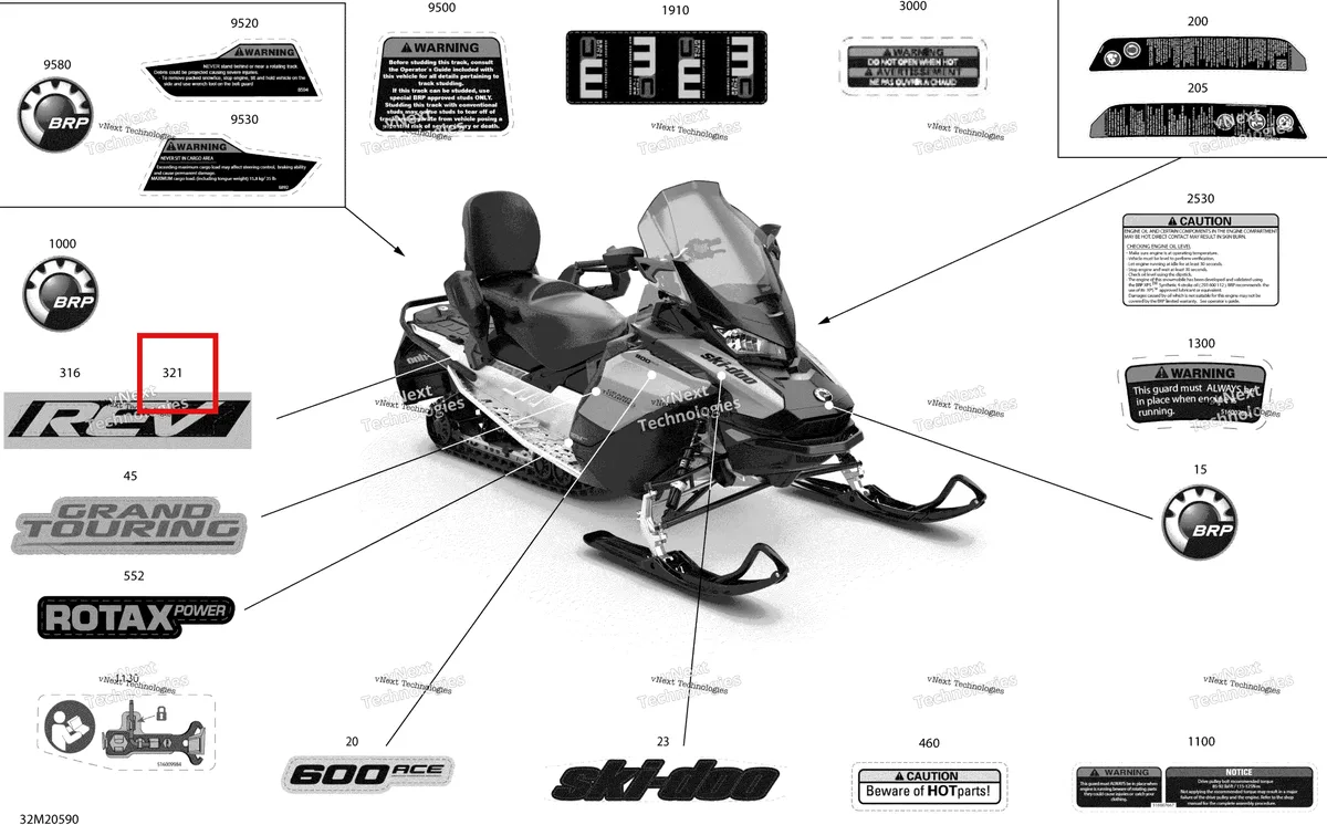Деталь 516009503 на схеме узла 2020 Ski-Doo GRAND TOURING 600 ACE Body - Decals - Sport