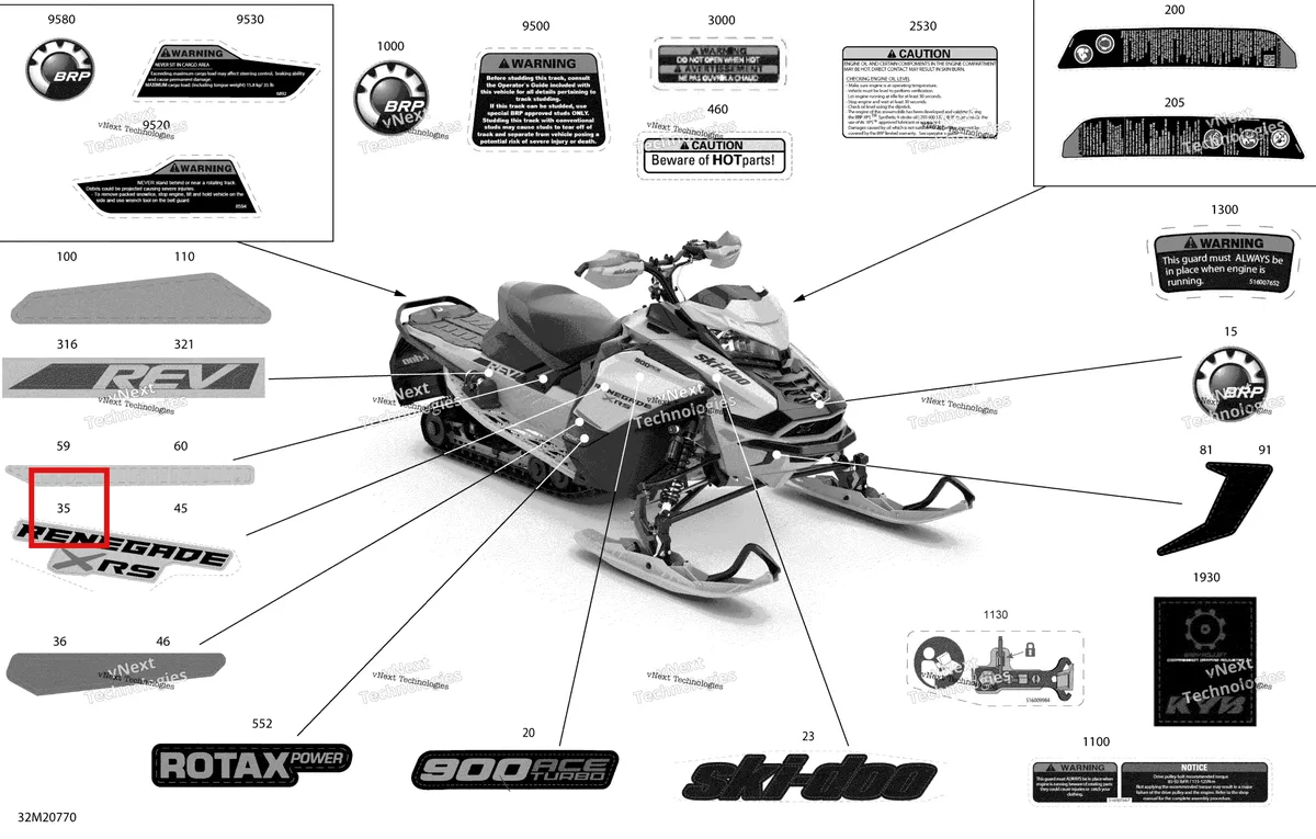 Деталь 516009638 на схеме узла 2020 Ski-Doo RENEGADE 900 ACE Turbo - XRS Body - Decals - Xrs