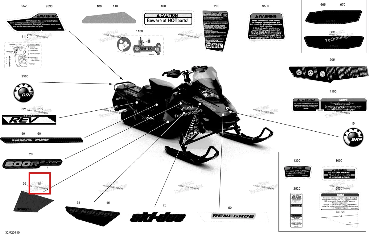 Деталь 516009671 на схеме узла 2020 Ski-Doo RENEGADE 600R E-TEC - Adrenaline X Body - Decals - Adrenaline