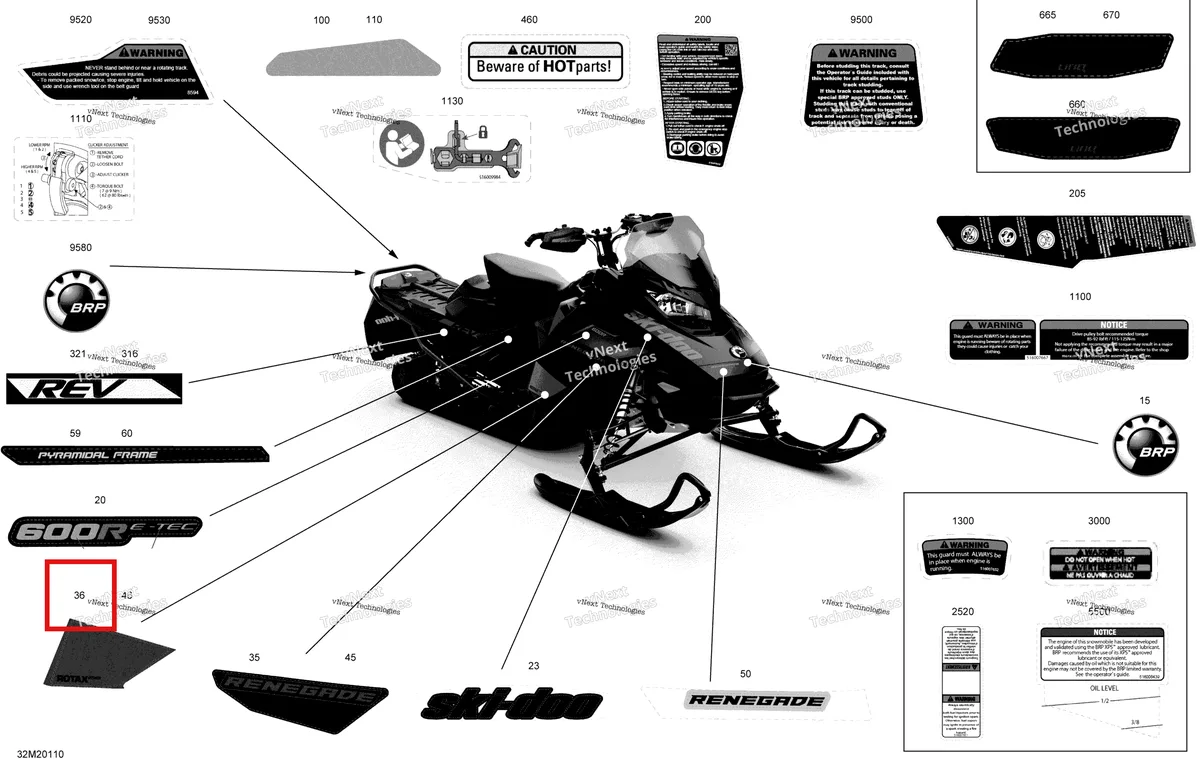 Деталь 516009672 на схеме узла 2020 Ski-Doo RENEGADE 600R E-TEC - Adrenaline X Body - Decals - Adrenaline