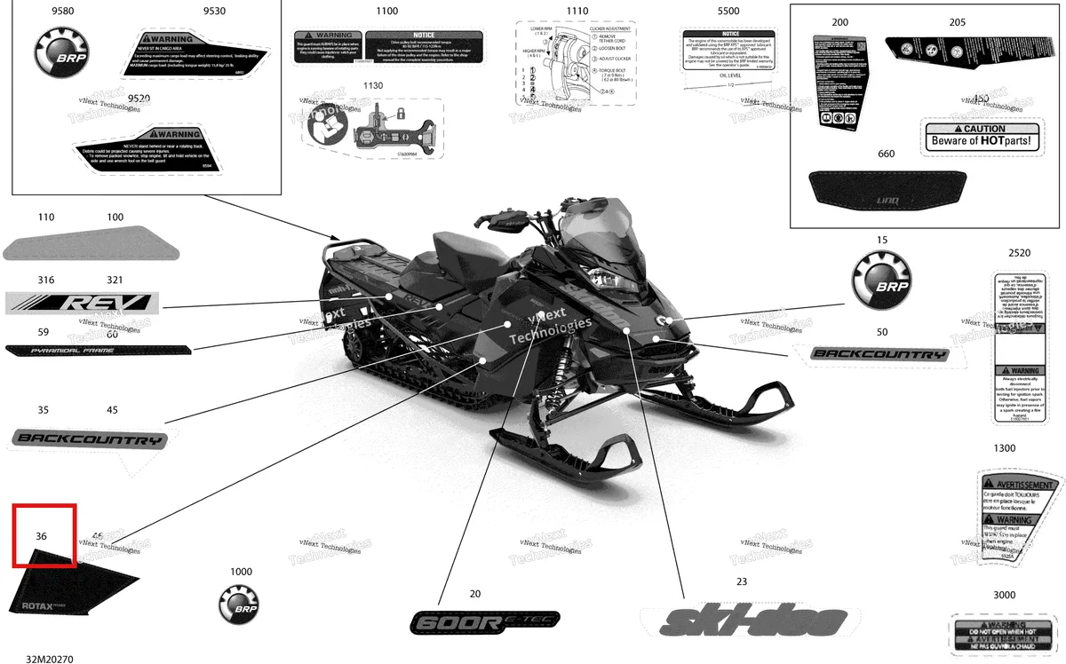 Деталь 516009708 на схеме узла 2020 Ski-Doo BACKCOUNTRY 600R E-TEC Body - Decals - Std