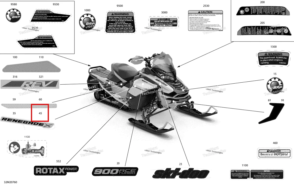 Деталь 516009727 на схеме узла 2020 Ski-Doo RENEGADE 900 ACE Turbo - X Body - Decals - X