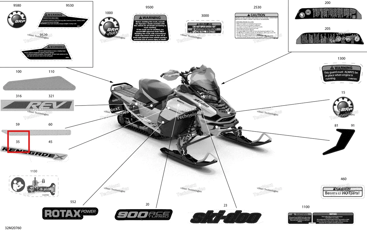 Деталь 516009729 на схеме узла 2020 Ski-Doo RENEGADE 900 ACE Turbo - X Body - Decals - X