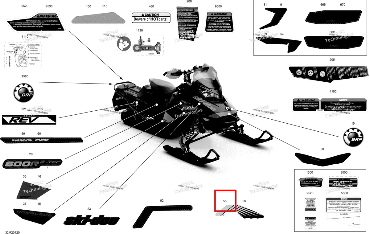 Деталь 516009730 на схеме узла 2020 Ski-Doo RENEGADE 600R E-TEC - Adrenaline X Body - Decals - X
